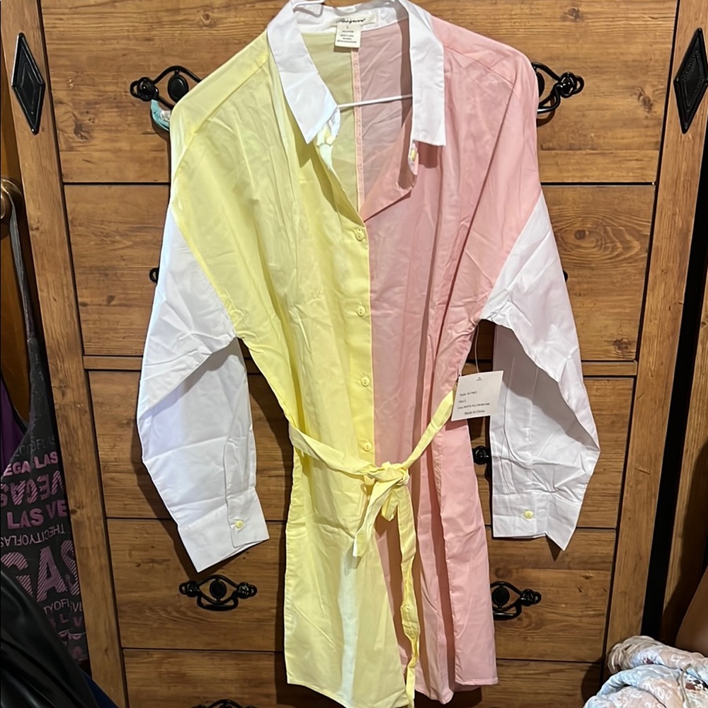 Colorblock Shirt Dress in Pink, Yellow, and White